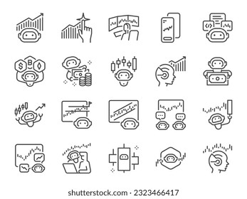 AI trading icon set. It included trade, stocks, algorithm,  bot, forex, and more icons. Editable Vector Stroke.