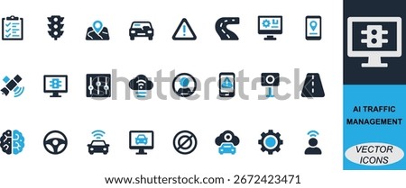 AI traffic management icon set with smart transport, GPS navigation, vehicle monitoring, and road safety designs. Ideal for technology, urban mobility, and automation projects.
