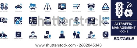 AI Traffic Management Icon Set. 24  solid fill vector icons for smart city, traffic lights, self-driving cars, GPS, and road safety.