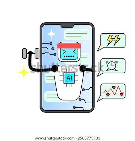 The AI ​​personal trainer is represented by a robot that appears from a smartphone screen and has a microchip labeled "AI". The robot holds a dumbbell in one hand, which symbolizes fitness training.