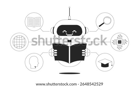 AI training line illustration concept. Machine learning, artificial intelligence tech. Algorithm improvement. Robot reading dataset outline 2D character isolated. Ink linear metaphor vector art