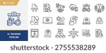 AI Training Pipeline And Machine Learning Workflow Line Icons Set