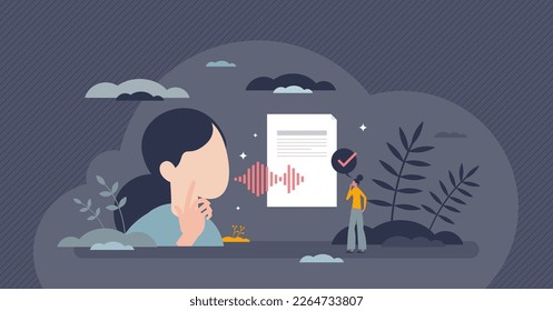 AI transcription software as speech into text transcript tiny person concept. Talking language conversion to written document with automatic artificial intelligent technology vector illustration.