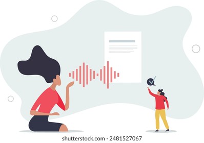 AI transcription software as speech into text transcript. Talking language conversion to written document.flat illustration.