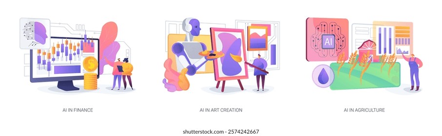 AI Transforming Diverse Professions abstract concept vector illustration set. AI in market analysis, digital art creation, and precision farming with smart technology. abstract metaphor.