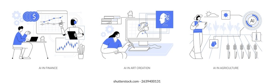 AI Transforming Diverse Professions abstract concept vector illustration set. AI in market analysis, digital art creation, and precision farming with smart technology. abstract metaphor.