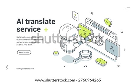 AI translate service isometric banner. Vector template for a landing page on machine translation and language technology. Modern illustration for online dictionary and global communication