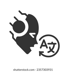 AI translates black linear glyph icon. Read signs in foreign language. Speech recognition. Neural network model. Negative space silhouette symbol. Solid pictogram. Vector isolated illustration