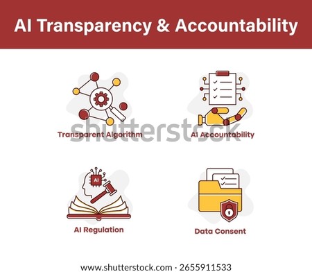  AI Transparency and Accountability – Responsible Governance of Artificial Intelligence Systems icons with editable stroke.