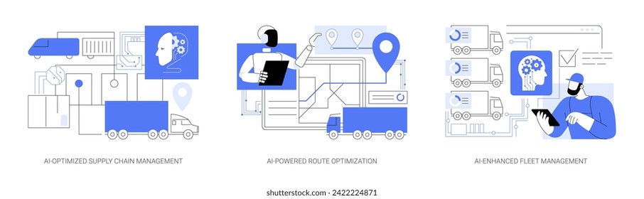 AI in Transport and Logistics Abstraktes Konzept Vektorgrafik Set. AI-optimiertes Supply Chain Management, AI-Powered Route Optimization, AI-Enhanced Fleet Management - abstrakte Metapher.