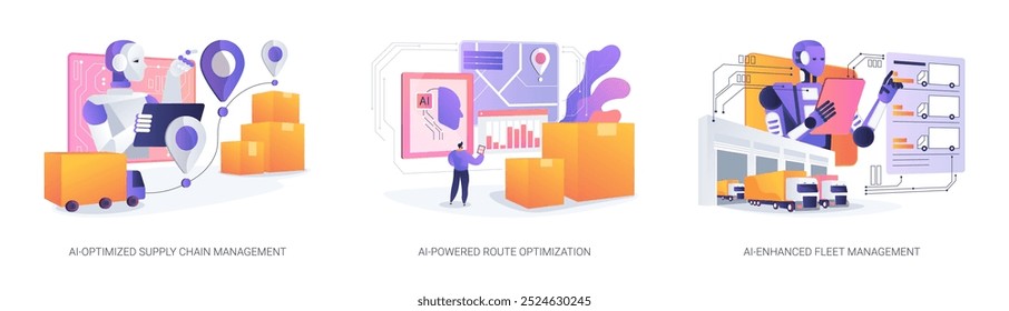 AI in Transport und Logistik abstraktes Konzept, Vektorgrafik-Set. KI-optimiertes Supply Chain Management, KI-gesteuerte Routenoptimierung, KI-optimiertes Flottenmanagement - abstrakte Metapher.