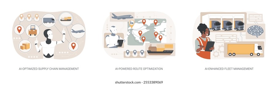 AI in Transportation and Logistics abstract concept vector illustration set. AI-Optimized Supply Chain Management, AI-Powered Route Optimization, AI-Enhanced Fleet Management abstract metaphor.