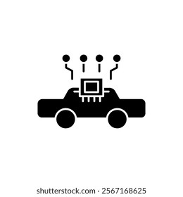 AI in transportation solid icon design. Implementation AI in transportation sector. Car with computer chip and circuits design