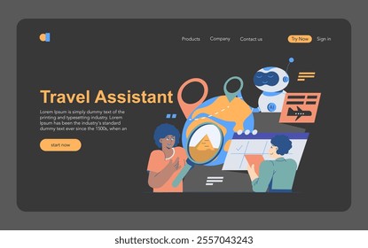 AI Travel Assistant concept. Illustration of an artificial intelligence helping users plan trips, providing navigation and recommendations. Vector illustration.