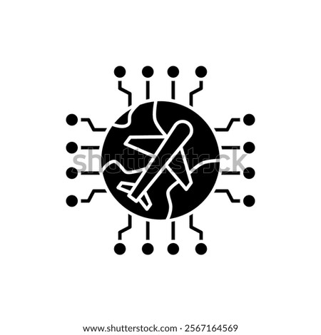 AI in travel solid icon design. Implementation AI in travel sector. Plane with globe and circuits design