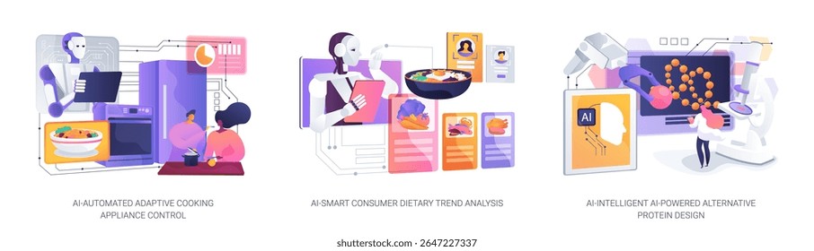 AI Trends in Modern Food Tech conceito abstrato vetor ilustração conjunto. A IA adapta os dispositivos de cozinha, analisa as tendências da dieta e apoia a inovação em proteínas alternativas.