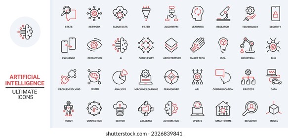 AI trendy red black thin line icons set vector illustration. Digital brain of bot and automatic machine learning, science future technology and automation network process, electronic smart tech system