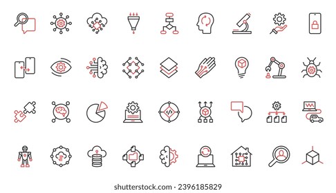 Iconos de línea delgada rojo de moda AI establecen ilustración vectorial. Conocimiento digital del aprendizaje automático y de los bots, de la tecnología futura de la ciencia y del proceso de la red de automatización, del sistema electrónico inteligente de tecnología