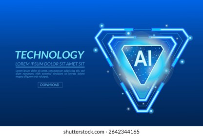 AI triangle logo for cutting-edge technology with text, neon digital AI quantum chip HUD, blue triangular design with the acronym AI at its center, surrounded by glowing lines