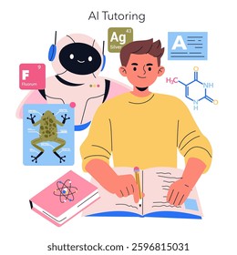 AI tutoring representation featuring a student engaged in study with a friendly robotic assistant. The illustration highlights elements of chemistry, biology, and learning, promoting modern education