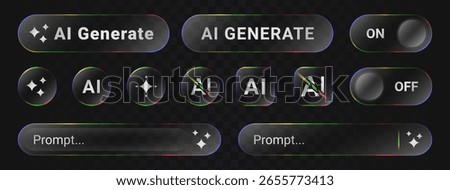 AI UI button liquid glass style. Artificial intelligence symbol transparent gradient effect for user interface. Vector
