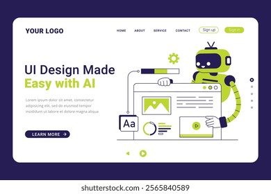 AI UI Design Generator landing page template. Robot AI creating UI and UX design concept illustration