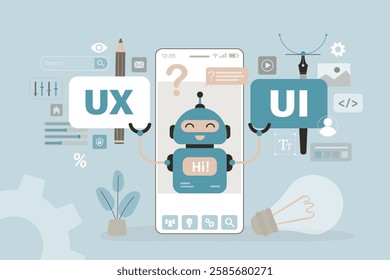 AI UI Design Generator. Robot AI creating UI and UX design concept. robot emerging from a large smartphone. Technology, AI collaboration, mobile app development, future innovation. vector illustration