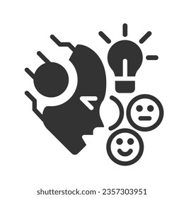 AI understands emotions black linear glyph icon. Facial expressions analysis. Neural network. Affective computing. Negative space silhouette symbol. Solid pictogram. Vector isolated illustration