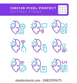 AI usage two color line icons set. Machine learning. AI integration. Neural network. Robotic heads bicolor outline iconset isolated. Duotone pictograms thin linear. Editable stroke