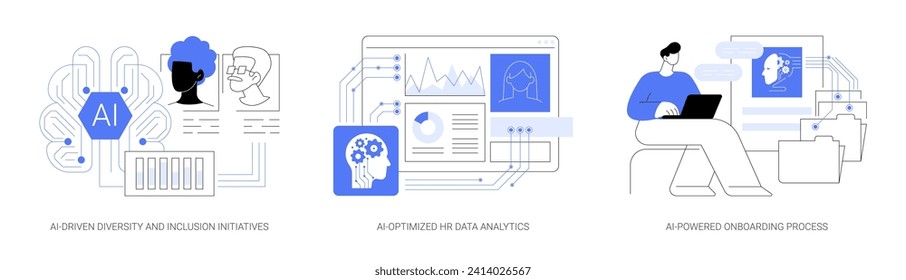 AI use in Human Resources abstract concept vector illustration set. AI-Driven Diversity and Inclusion Initiatives, AI-Optimized HR Data Analytics, AI-Powered Onboarding Process abstract metaphor.