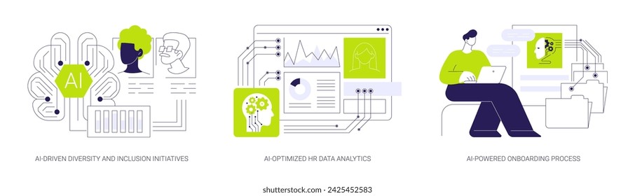 Uso de IA en el conjunto de ilustración vectorial de concepto abstracto de Recursos Humanos. Iniciativas de Diversidad e Inclusión Impulsadas por la Inteligencia Artificial, Análisis de Datos de Recursos Humanos Optimizados por la Inteligencia Artificial, Metáfora abstracta del Proceso de Incorporación Impulsado por la Inteligencia Artificial.