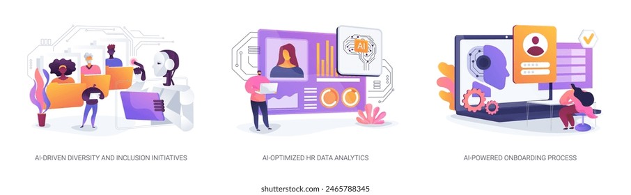 Uso de IA en el conjunto de Ilustraciones vectoriales de conceptos abstractos de Recursos Humanos. Iniciativas de Diversidad e Inclusión Impulsadas por la Inteligencia Artificial, Análisis de Datos de Recursos Humanos Optimizados por la Inteligencia Artificial, Metáfora abstracta del Proceso de Incorporación Impulsado por la Inteligencia Artificial.