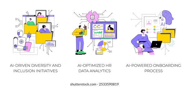 Uso da IA no conjunto de ilustrações vetoriais do conceito abstrato de Recursos Humanos. Iniciativas de diversidade e inclusão baseadas em IA, análise de dados de RH otimizada por IA, metáfora abstrata do processo integrado baseado em IA.