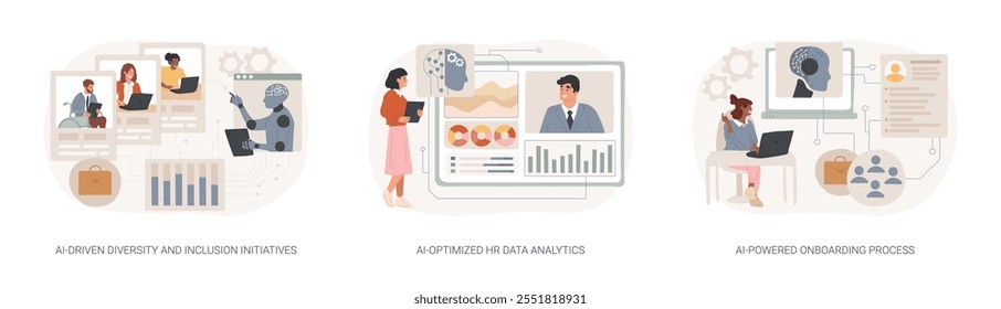 Uso de la IA en el conjunto de Ilustraciones vectoriales de concepto abstracto de recursos humanos. Iniciativas de diversidad e inclusión impulsadas por IA, análisis de datos de recursos humanos optimizados por IA, metáfora abstracta del proceso de incorporación impulsado por IA.