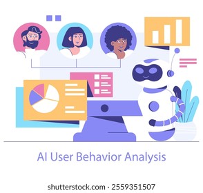AI User Behavior Analysis concept. A robot analyzing data charts to understand patterns in user activities. Vector illustration showcasing data-driven decision-making.