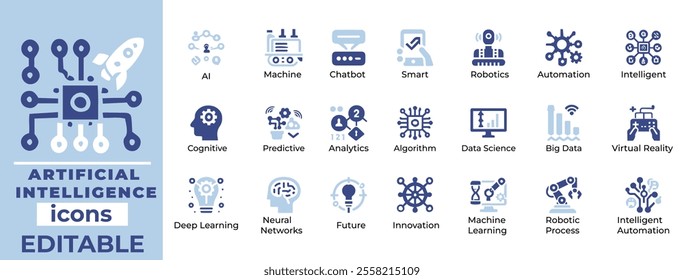 AI Vector Icon Set – High-quality, editable designs for machine learning, robotics, data science, and futuristic tech projects
