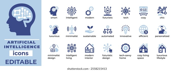 AI Vector Icon Set – High-quality, editable designs for machine learning, robotics, data science, and futuristic tech projects
