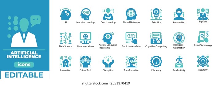 
Ícones vetoriais de IA com aprendizagem automática, robótica, big data, NLP, automação, computação cognitiva, inovação e tecnologia inteligente. Designs totalmente editáveis