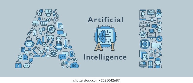 Tipografía de Vector AI sobre fondo gris. Patrón de icono de inteligencia artificial.