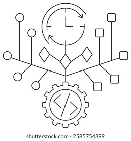AI Version Control icon. Simple outline monochrome black vector pictogram with thin lines on a transparent background. Line thickness is editable