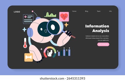 AI vet consultant offers data-driven insights for pet health. The cute robotic character analyzes health information using various medical icons and graphs. Engaging and modern veterinary technology