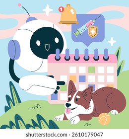 AI veterinary consultant assists pet owners in managing appointments and vaccinations with a digital calendar while ensuring a happy, healthy pet. This illustration captures the symbiosis of