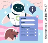 AI veterinary consultation service for pet owners. The friendly robot assists with pet health inquiries through interactive forms, facilitating quick and easy access to veterinary information. Vector