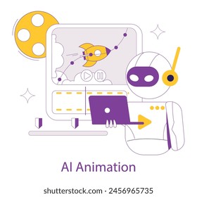 AI video creation concept. An efficient robot animates a rocket scene using advanced technology on a monitor. Vector illustration.