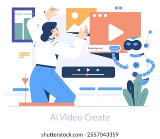 AI Video Creation concept. Enthusiast interacts with AI robot to edit and generate content. Digital editing, creative process, and technology innovation. Vector illustration.