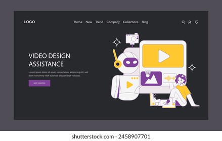 VIDEO AI para Video Sitio web Un robot ayuda al creador de contenido con Asistencia de producción de contenido digital. Ilustración vectorial.