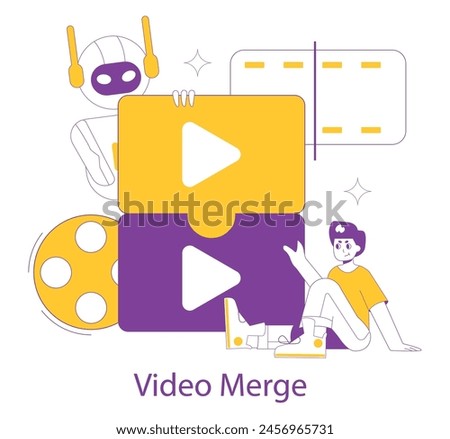 AI video creation concept. Robot and person collaborating on merging footage for seamless video production. Video editing technology advances. Vector illustration.