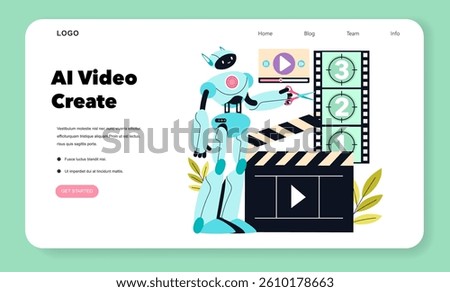 AI Video Creation concept. This illustration features a friendly robot engaged in video editing, cutting film strips and preparing content for production. It embodies the intersection of technology
