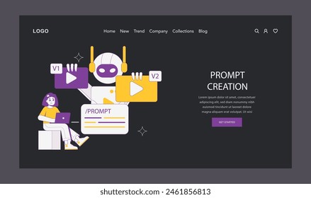 AI for Video Creation concept. A user interacts with a friendly robot generating video content from a prompt. Collaborative tech innovation. Vector illustration.