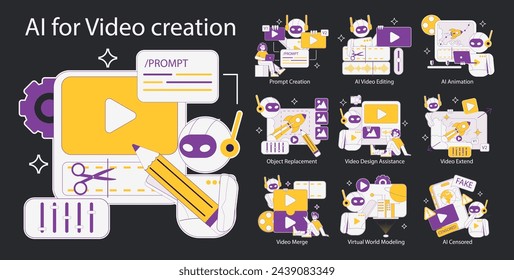 AI for Video Creation illustration. Innovative tools for content creation, featuring editing, animation, and design assistance. Simplifying the creative process. Vector illustration.